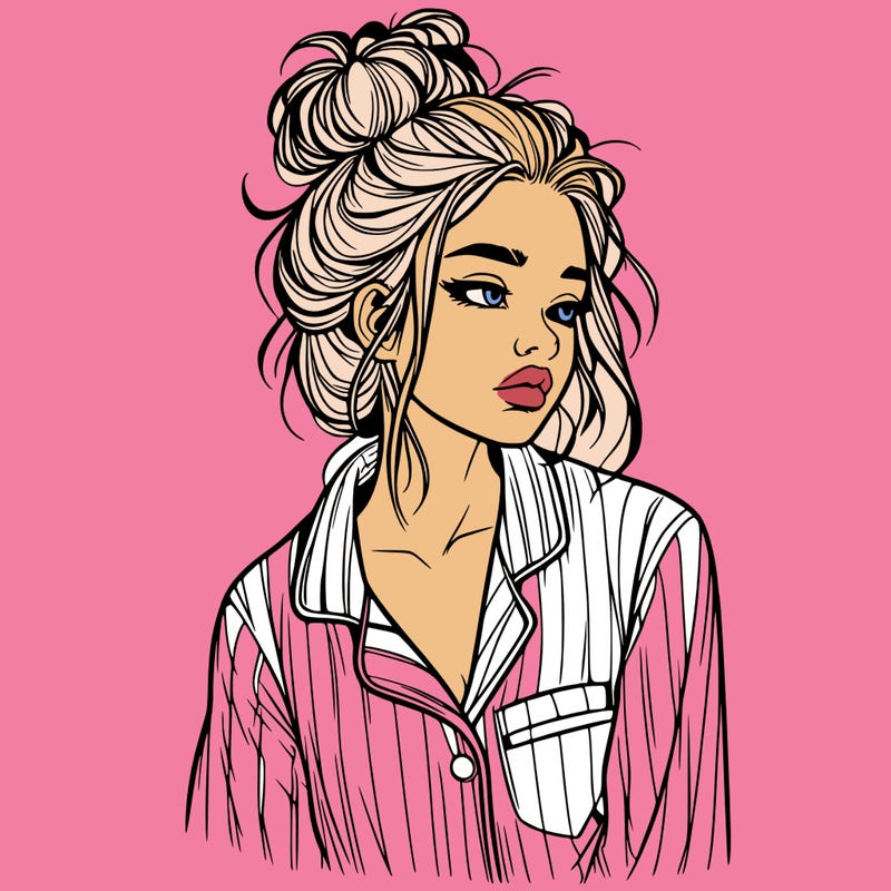 realistic woman with pajamas on and a messy bun