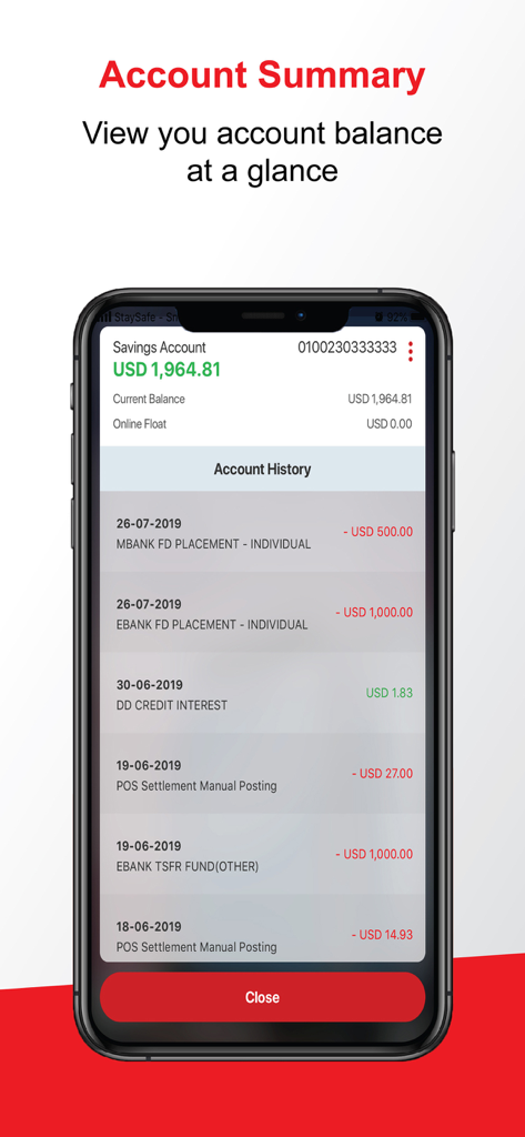 PB engage KH - PB engage KH mobile banking app account summary screen displaying savings account balance and transaction history