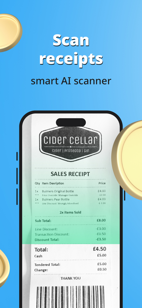 Expense Tracker. Money Manager - Smartphone-Bildschirm mit dem intelligenten KI-Belegscanner, der Daten von einem Verkaufsbeleg erfasst