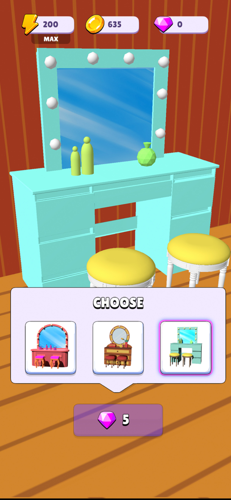 Fashion Merge Game: Super Life - Un menú en Fashion Merge Game que permite a los jugadores elegir entre diferentes estilos de tocador para la renovación de un vestidor.