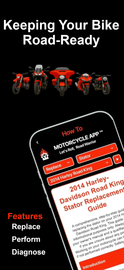 Motorcycle.App - Motorcycle App interface showing a repair guide for a Harley-Davidson stator replacement