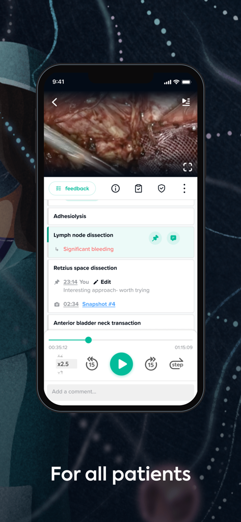 Theator Surgical Intelligence - Theator app interface showing annotated surgical video playback with AI insights and physician feedback.