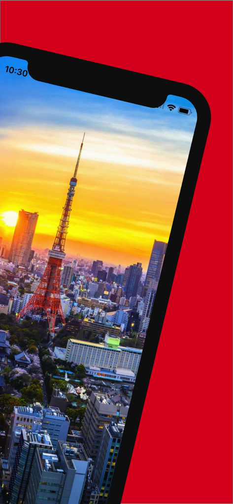 Tokyo Travel Guide . - 도쿄 여행 가이드 앱을 위한 스마트폰 화면에 표시된 해질녘 도쿄 타워.