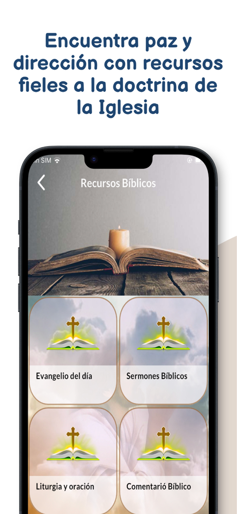 La Biblia Latinoamericana. - Pantalla de recursos bíblicos de la aplicación La Biblia Latinoamericana que muestra secciones para el evangelio del día, sermones, liturgia y comentarios