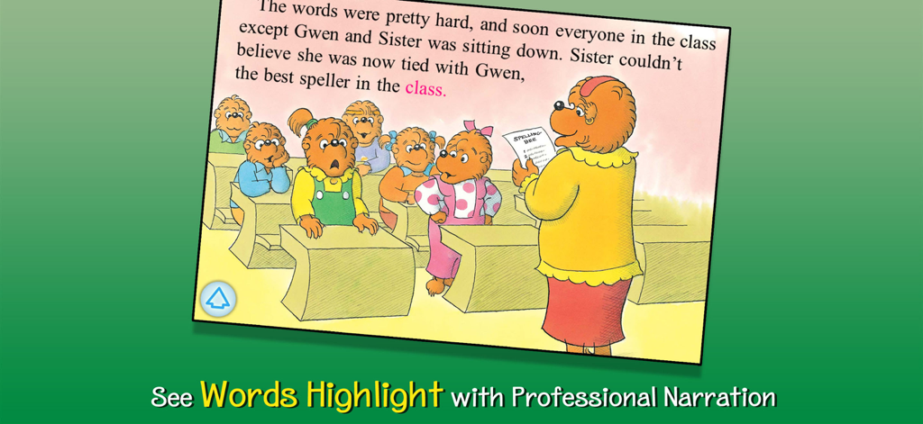 Página interactiva del libro Berenstain Bears que muestra texto resaltado y una escena de concurso de ortografía en un aula