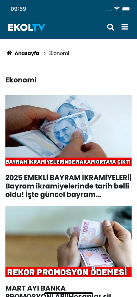 Ekol TV - Economy section of the Ekol TV app displaying Turkish news about holiday bonuses and bank promotions