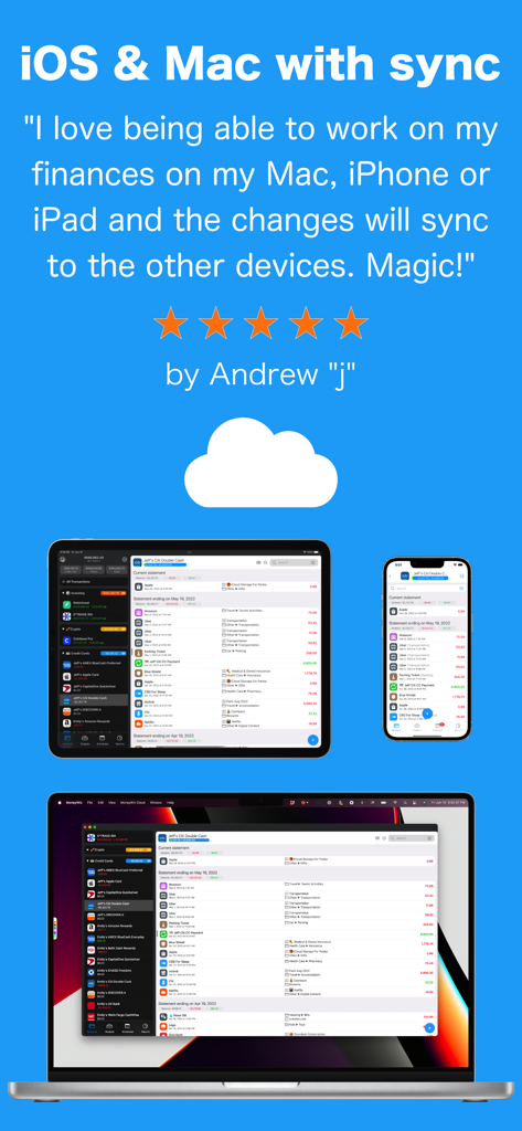 Interfaz de la aplicación de finanzas personales MoneyWiz 2026 mostrada en iPhone, iPad y Mac con un testimonio de cinco estrellas e icono de sincronización en la nube