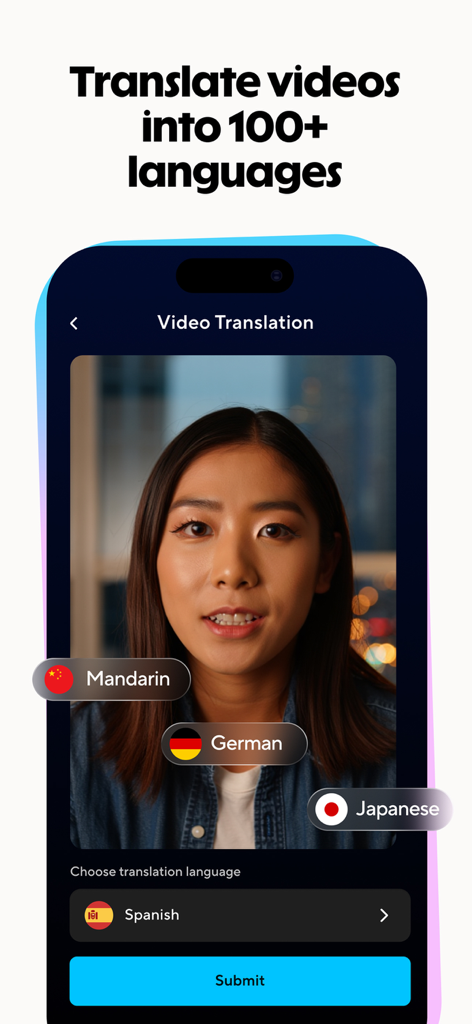 HeyGen: AI Video Generator - Interfaccia dell'app HeyGen che mostra la traduzione video in oltre 100 lingue