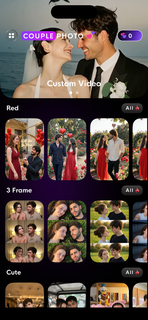AI Couple Photo: Video Rizz AI - Screenshot of the AI Couple Photo app interface showing various romantic photo and video templates including cinematic wedding and three-frame layouts