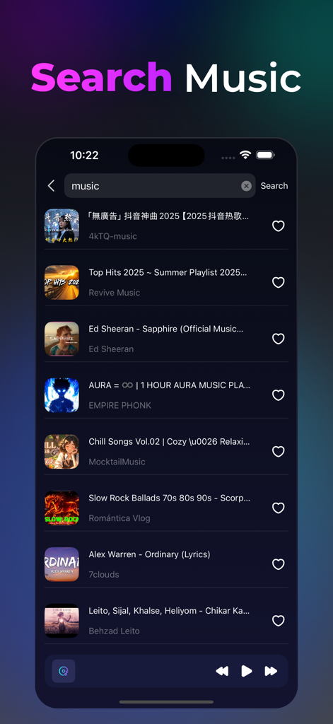 Search results screen in the Cloud Music Offline Player app with a list of songs and a search bar