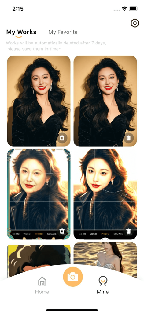YingLow - Screen showing saved aesthetic photo edits and portraits in the YingLow app