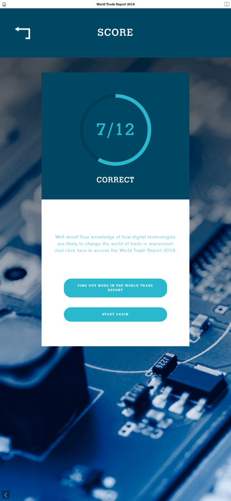 Score screen of the WTO app showing a result of 7 out of 12 correct in an interactive trade knowledge quiz