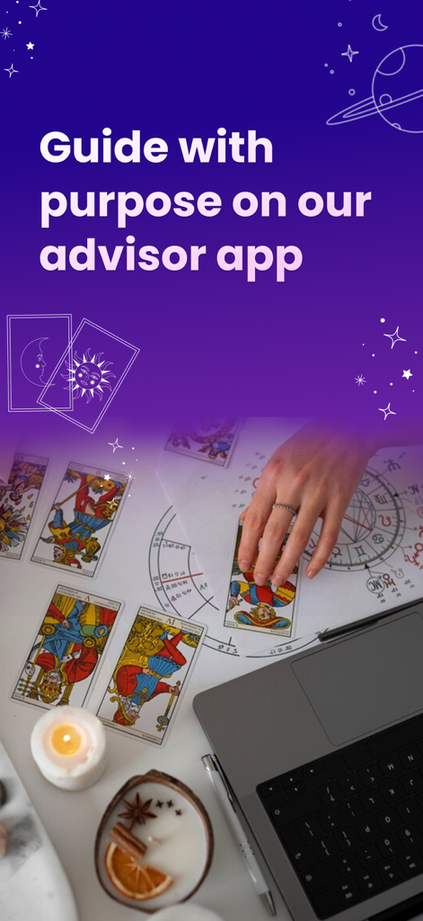 Professional psychic workspace with tarot cards and laptop for the Purple Advisors app