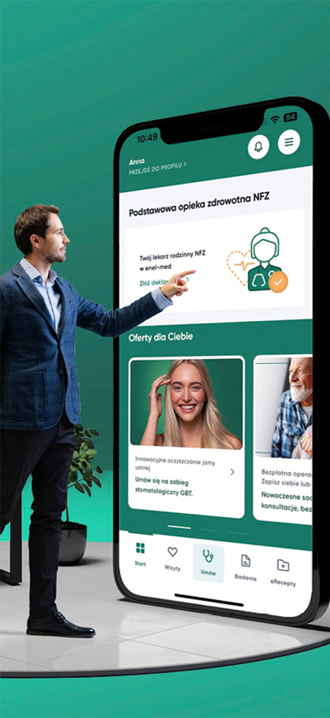 A professional man pointing at the Enel-Med mobile app interface on a large smartphone screen