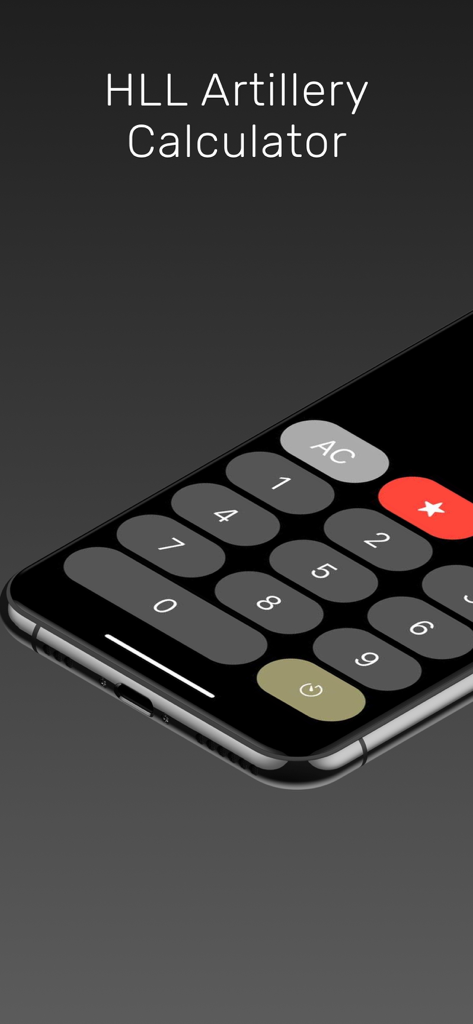 Interface of the HLL Artillery Calculator app on a smartphone showing a custom numeric keypad