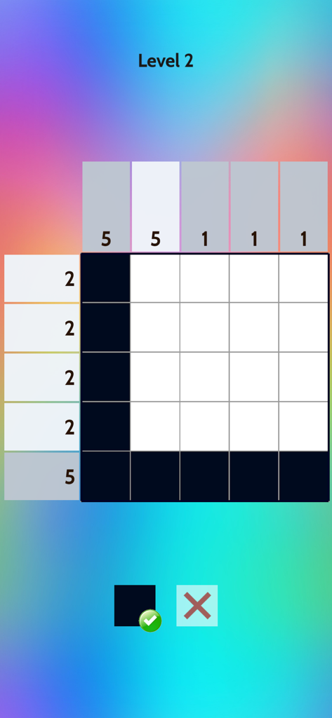 A 5x5 nonogram logic puzzle grid showing numerical clues and filled black squares on a colorful gradient background