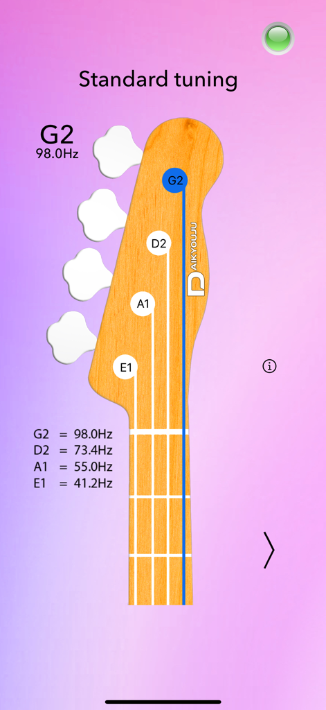 Bass Tuner Basic - Interfaz de la aplicación Afinador de Bajo Básico que muestra la afinación estándar y la frecuencia exacta en Hz para un bajo de 4 cuerdas.