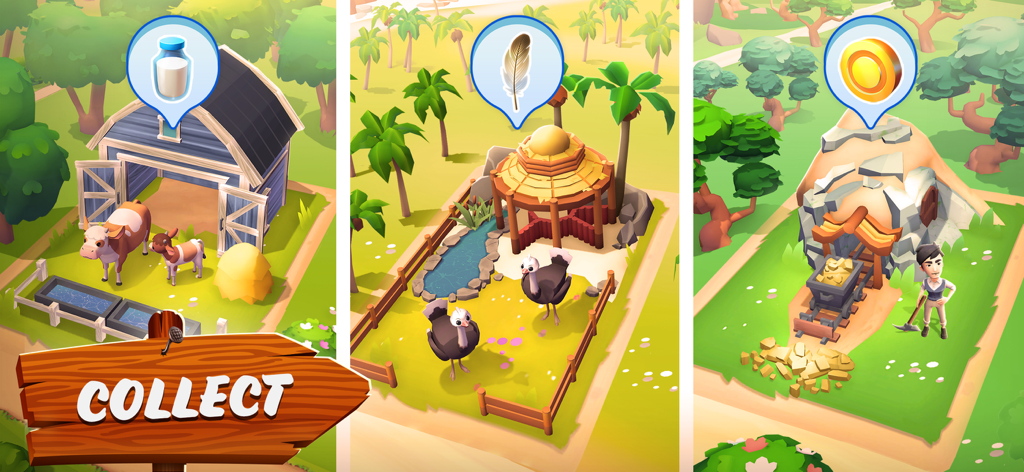 Sunshine Island: Farming Game - Gameplay von Sunshine Island, das das Sammeln von Ressourcen aus einer Kuhscheune, einem Straußengehege und einer Goldmine zeigt