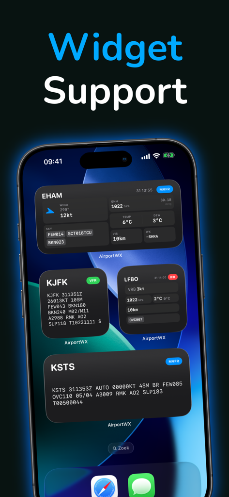 Pantalla de iPhone que muestra varios widgets de pronóstico meteorológico de aviación AirportWX para datos METAR y TAF