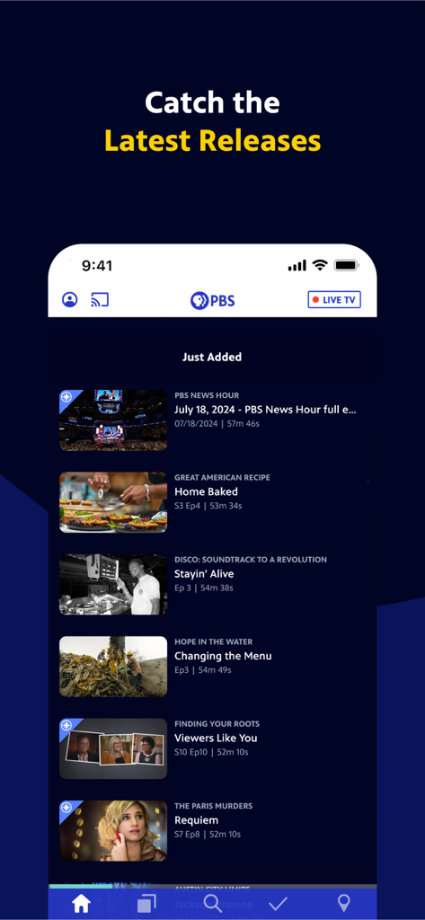 PBS app interface displaying a list of newly added documentaries and news programs