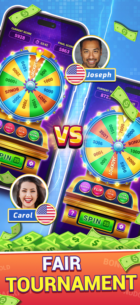 Spin Wheel: Win Real Money - A head-to-head competition screen showing two players in a fair tournament for real money