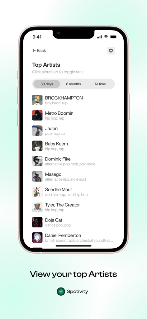 Spotivity-Mobil-App-Bildschirm, der eine Liste der Top-Spotify-Künstler eines Benutzers der letzten 30 Tage anzeigt.