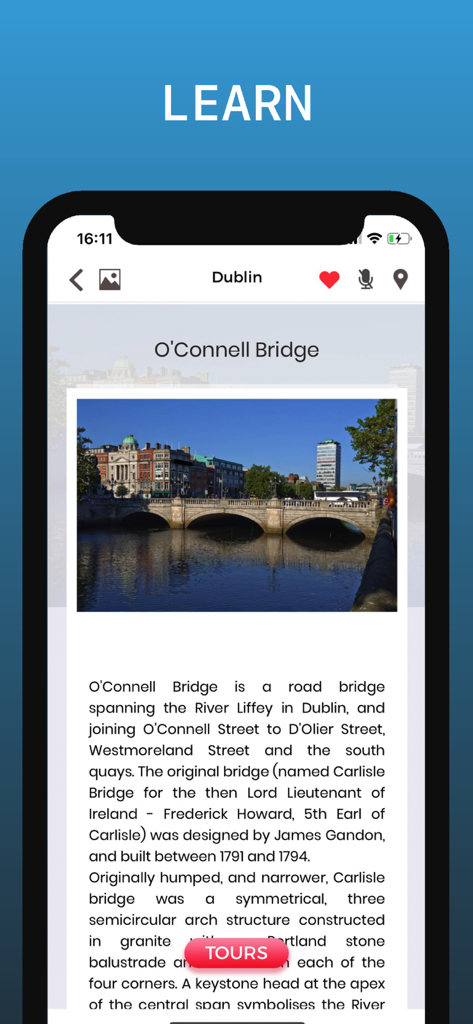 더블린 여행 가이드 앱 인터페이스, 오코넬 다리의 역사 정보 및 사진 표시