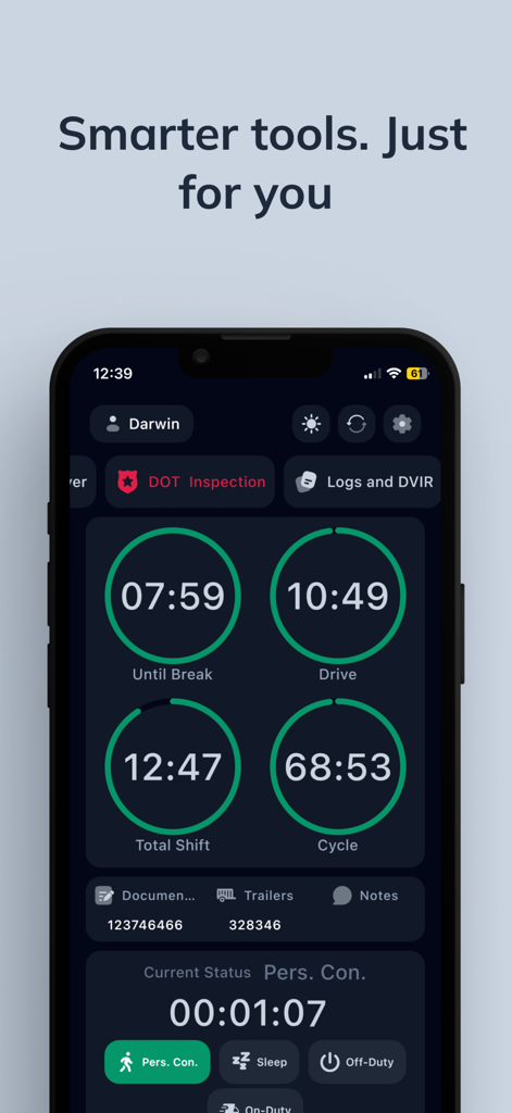 Quantum Logbook ELD - Quantum Logbook ELD app dashboard with hours of service timers and DOT inspection access