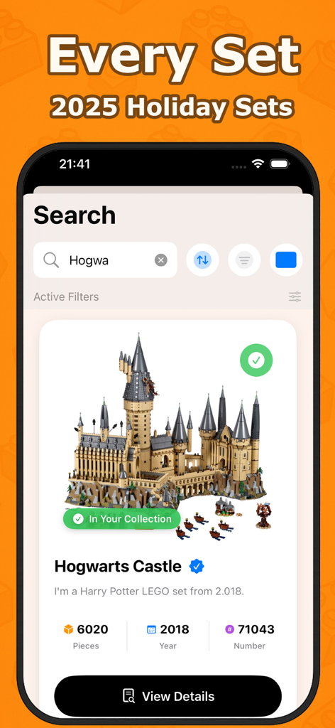 Screenshot of the Tracker for LEGO app showing search results for the Hogwarts Castle set with piece count and year details