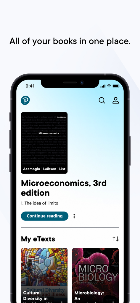Interface of the Pearson Reader plus app showing a digital bookshelf of student eTexts including Microeconomics.