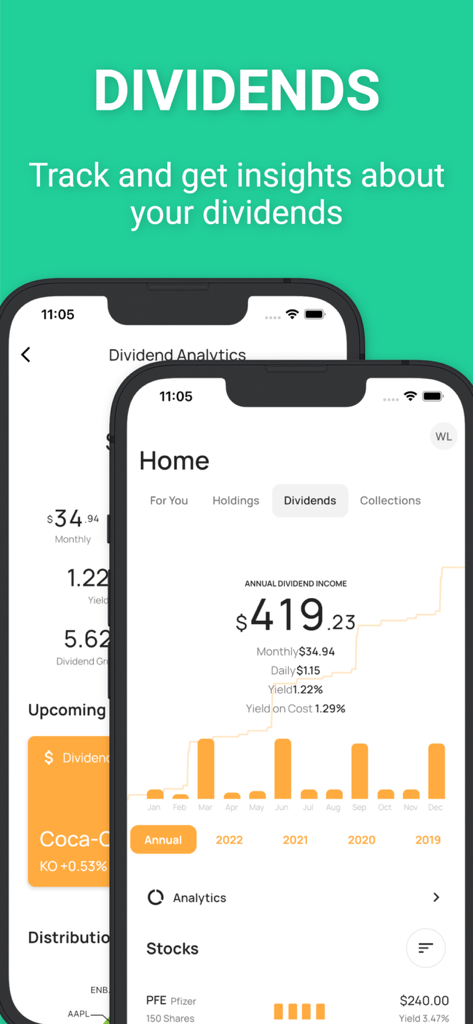 Stock Events app displaying dividend analytics and annual income performance chart