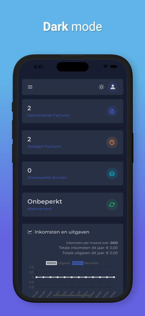 Mobile dashboard of the Factuur Simpel app in dark mode featuring invoice statuses and expense charts