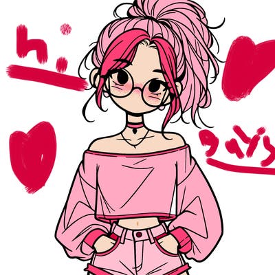 girl with a messy ponytail glasses a baggy crop top and jean shorts