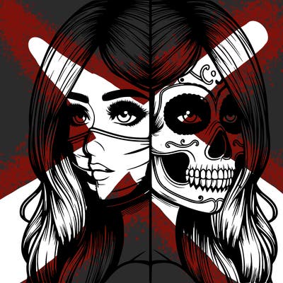 realistic girl with half skull mask