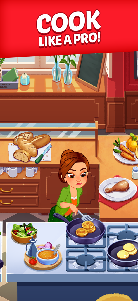 Eine Köchin kocht auf einem Herd in einer lebendigen, handgezeichneten Küche.