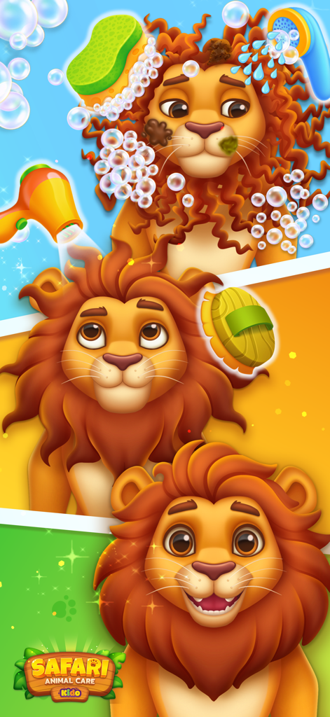 Safari Animals Games For Kids - Tres paneles verticales que muestran a un león de dibujos animados siendo lavado, secado y cepillado para que se vea limpio y feliz
