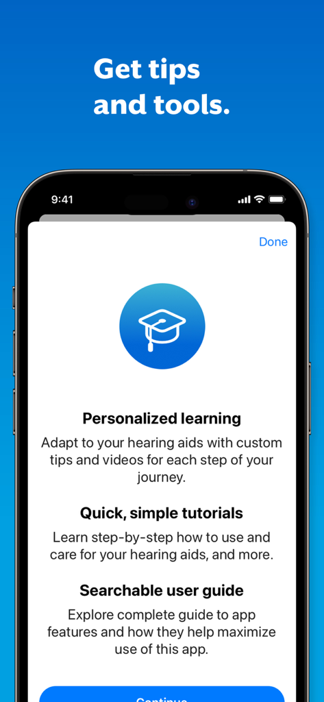 My Starkey app screen showing personalized learning options and hearing aid tutorials.
