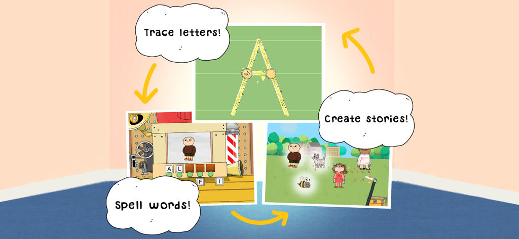 Educational playloop showing letter tracing, spelling, and storytelling features in the Alfie Atkins app