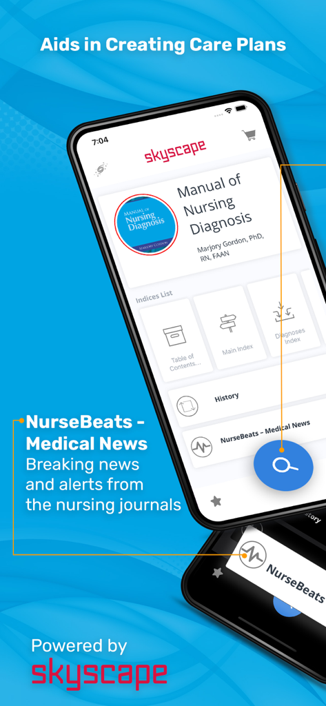 Manual of Nursing Diagnosis - Home screen of the Manual of Nursing Diagnosis mobile app featuring care plan aids and nurse news.