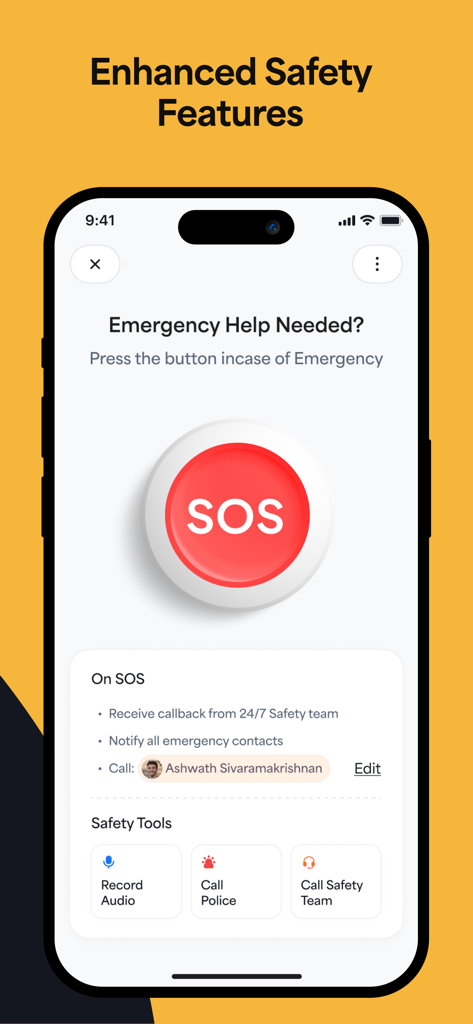 Namma Yatri - Ride Booking App - Namma Yatri app interface showing a large red emergency SOS button and enhanced safety features