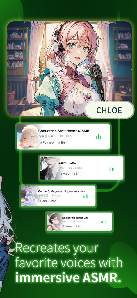 FLAI - The AI dreams of you - Pantalla de selección de personajes IA en la aplicación FLAI con la chica anime Chloe y opciones de voz ASMR inmersivas