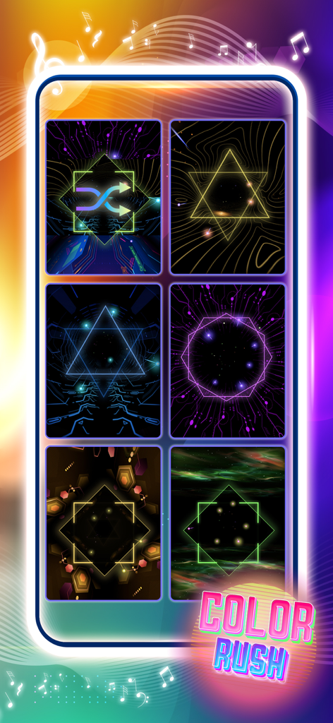 Color Rush: Smash Rhythm 3D - Interface of Color Rush Smash Rhythm 3D showing various neon theme options and geometric shapes