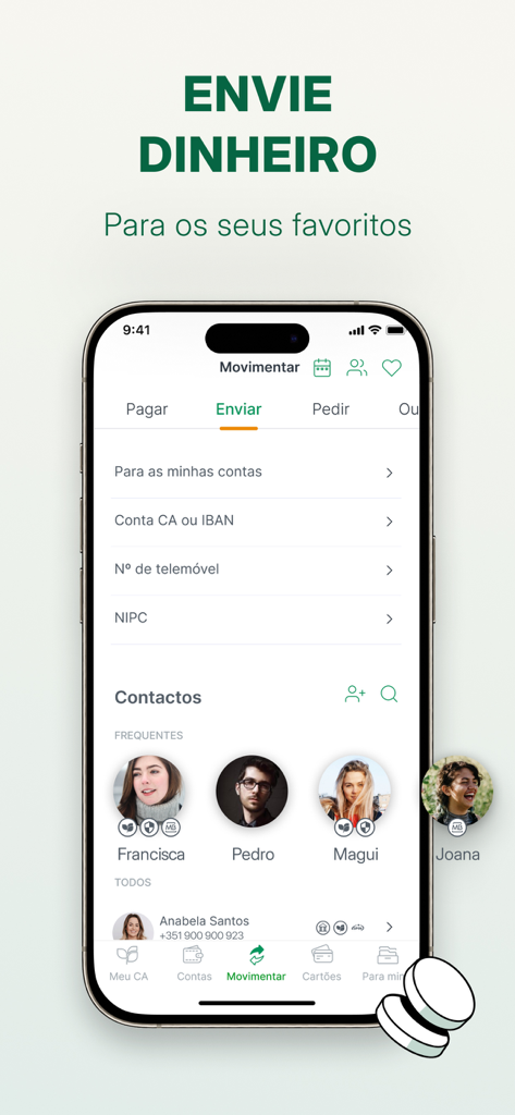 CA Mobile - Interface da aplicação CA Mobile mostrando opções para enviar dinheiro para contactos e favoritos