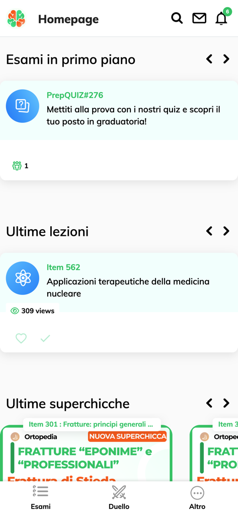 Homepage dell'app prepSSM che mostra gli esami in primo piano e le ultime lezioni di medicina