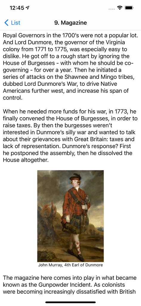 Colonial Williamsburg History - Historical information screen about Lord Dunmore with his portrait in the Colonial Williamsburg app