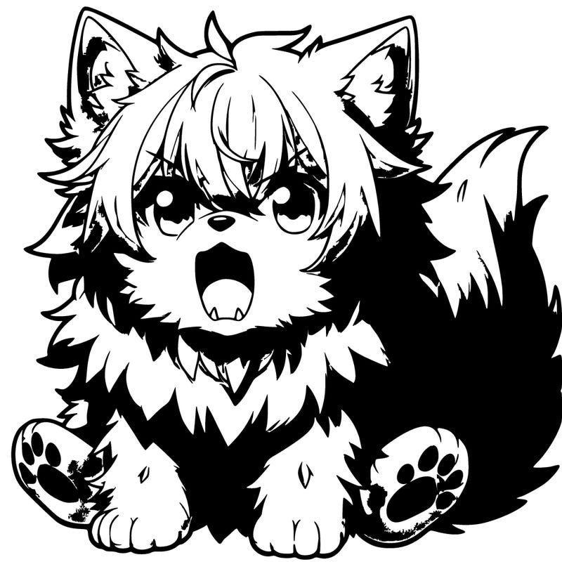 anime growling wolf pup with lots of fluff