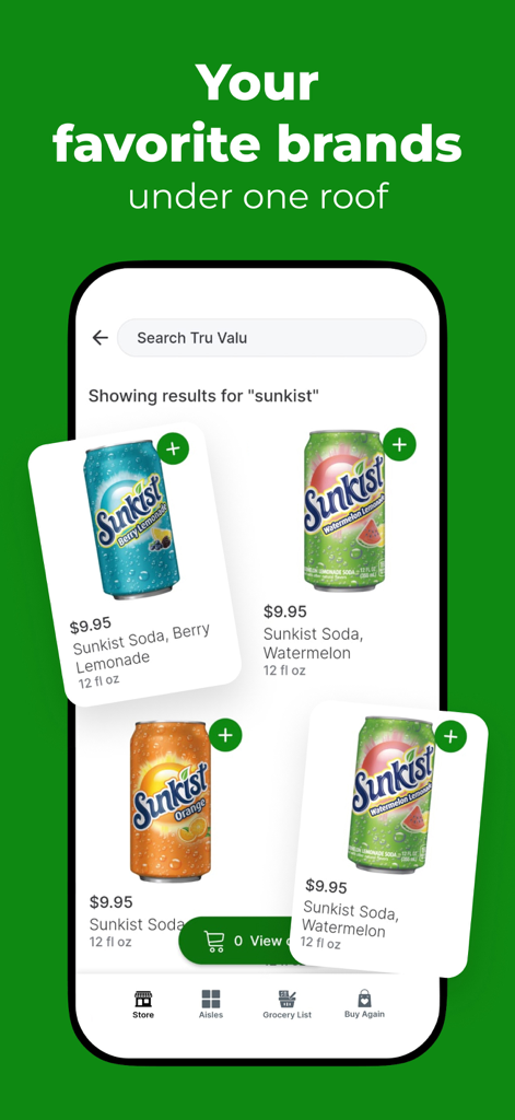 Mobile Oberfläche der Food Depot App, die verschiedene Sunkist Limonadenaromen zum Kauf anbietet