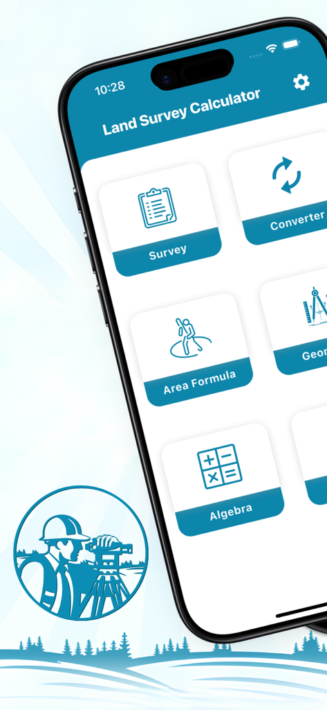 Tela principal do aplicativo Calculadora de Topografia com opções de área de conversor de pesquisa, fórmula de geometria e álgebra