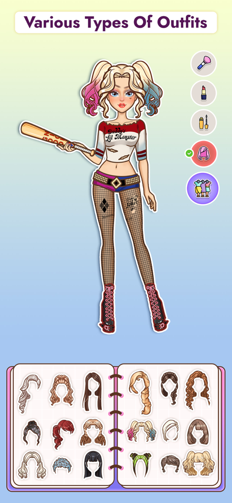 Un personaje con un atuendo de moda en un juego de muñeca de papel DIY con una selección de varios peinados mostrados en un menú de cuaderno debajo