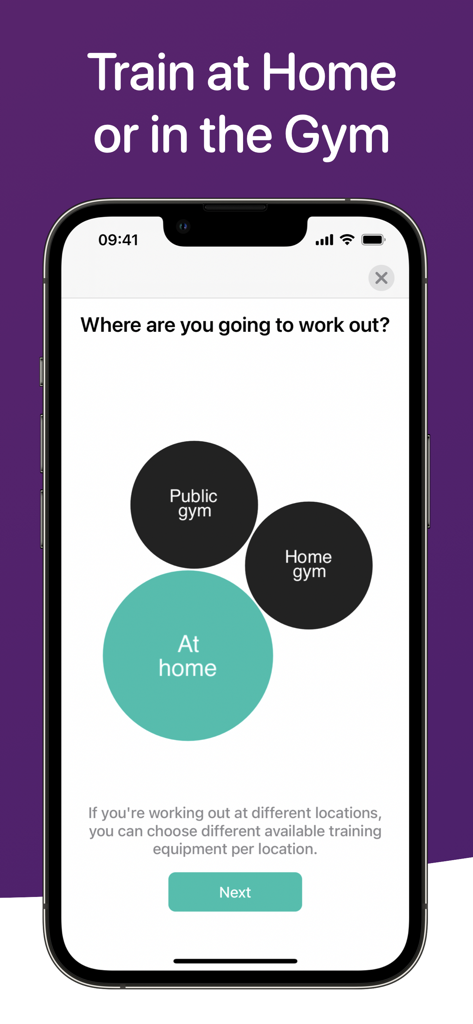 Treeceps: Fitness Workout Game - Treeceps app screen for choosing a workout location between public gym home gym and at home